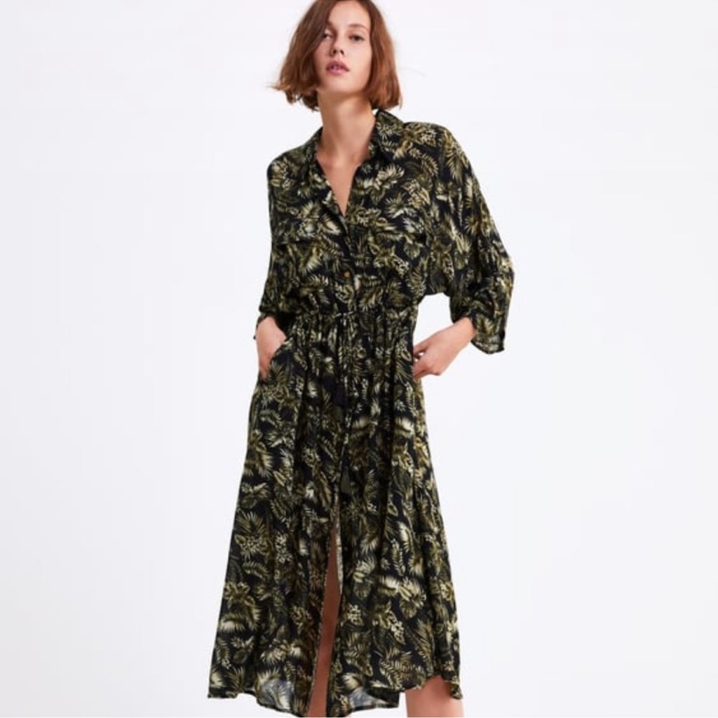 Zara Palm Leaf Print Midi Dress Black Green Size Large